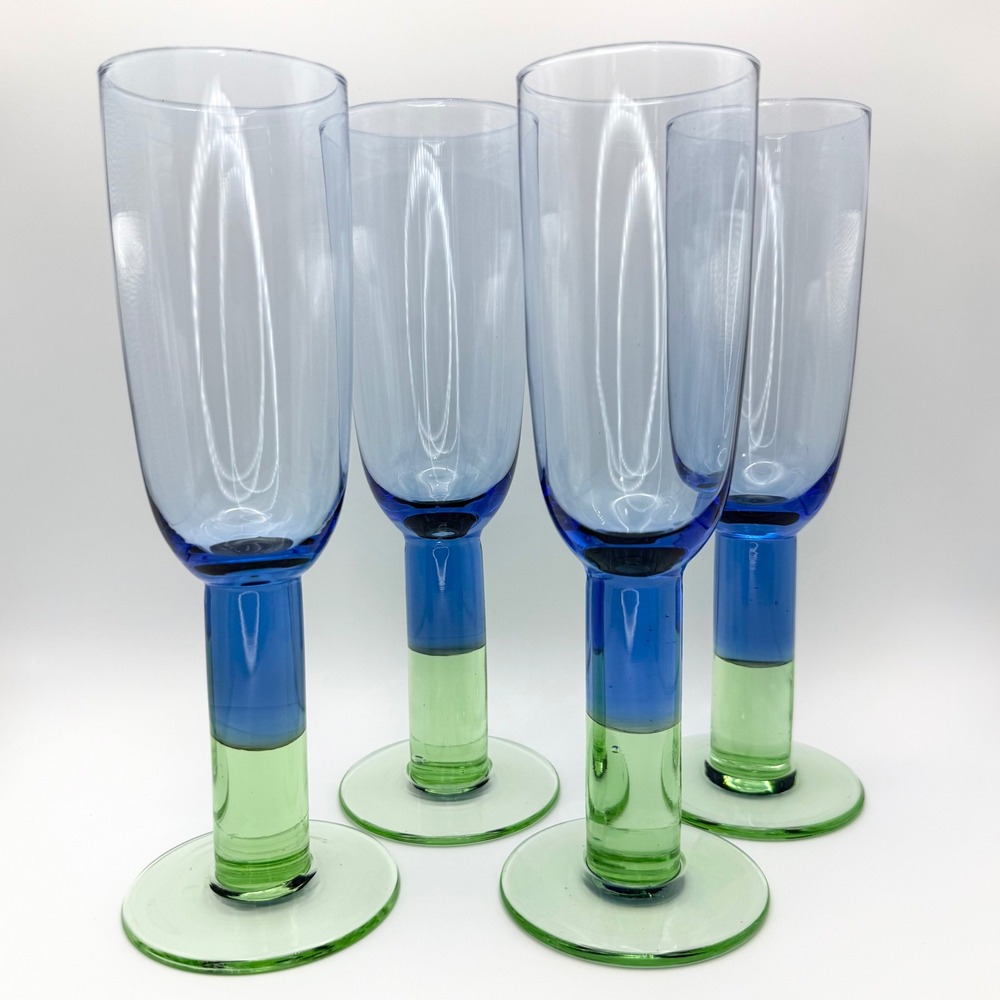 Vintage Dansk Erika Champagne Flutes Set 4 Blue Green Thick Stem Mid Century Mod